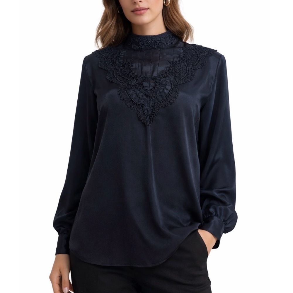 Eva Laurel blouse top black lace embroidered mock neck satin feel SZ 12 career